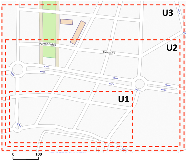 Urban VANET scenarios U1, U2, and U3